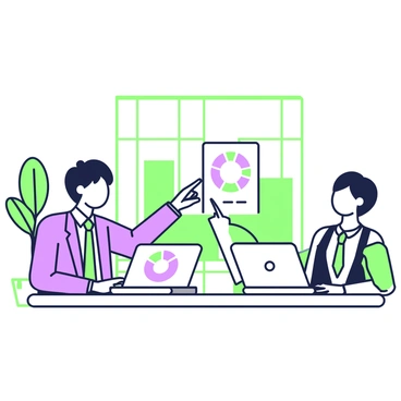 A Tata AIA advisor is seated at a large conference table during a meeting. The advisor has short hair and wears a formal suit with a tie. In front of the advisor, there is a laptop open, displaying various pie charts and graphs in vivid colors. Next to the laptop, there is a notepad with notes and a pen. The advisor is pointing at one of the pie charts, engaging with a client who is seated across the table. The client is wearing business casual attire and is attentively listening. In the background, there are large windows letting in natural light, and a potted plant is visible at the corner of the room.