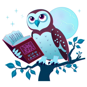 A detailed owl with mottled brown and white feathers, large round eyes, and a distinct beak is perched on a gnarled branch. The moonlight casts a silvery glow, highlighting the owl's features and illuminating the surrounding leaves. In its claws, the owl holds an ancient book with a worn leather cover, embossed with mysterious symbols. The book is slightly open, revealing yellowed pages filled with intricate illustrations and handwritten text. The night sky is dotted with stars, enhancing the tranquil yet mysterious atmosphere.