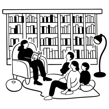 A librarian seated in a comfortable armchair, reading a story aloud to a group of children sitting on the floor in front of her. The children are focused and engaged, surrounded by towering bookshelves filled with old books and various book titles visible on the spines. A warm light emanates from a nearby table lamp, casting gentle shadows. A plush rug is beneath the children, and there are several cushions scattered around for additional comfort.