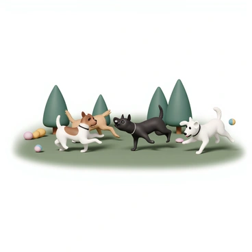 A group of four terriers of different breeds, including a Jack Russell, a Border Terrier, a Scottish Terrier, and a West Highland White Terrier, are playing together in a grassy dog park. The Jack Russell has a white and brown coat, the Border Terrier is mostly tan with a wiry texture, the Scottish Terrier is black with a distinctive beard, and the West Highland White Terrier is fluffy and white. All the dogs have their tails wagging enthusiastically, and they are engaging in a game of chase, with one dog playfully pouncing while others are running after it. The park is dotted with trees and colorful dog toys scattered around.