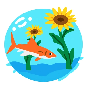 A vibrant sailfish with a long, slender body and a large dorsal fin is swimming gracefully among giant sunflowers. The sunflowers tower high, their bright yellow petals stretching outward, with rich green leaves surrounding their thick brown centers. The water glistens with a bright blue hue, creating a striking contrast with the yellow of the sunflowers. Sunlight filters through the water, casting dappled patterns on the fish and flowers, enhancing the vivid colors in this whimsical underwater landscape.