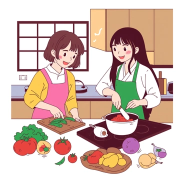 Kaede and Suzu are standing side by side in a cozy kitchen. Kaede is chopping vibrant green vegetables on a wooden cutting board, while Suzu is stirring a bubbling pot on the stove. The kitchen is filled with colorful ingredients scattered across the countertop, including bright red tomatoes, sunny yellow peppers, and deep purple onions. Sunlight streams through a window, illuminating the warm tones of the wooden cabinets and the inviting atmosphere. Both characters are smiling, enjoying their time together as they create a delicious meal.