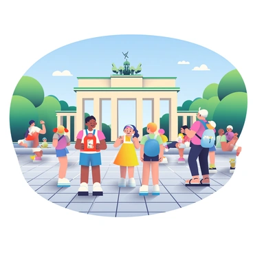 A bustling scene around the "Brandenburg Gate" in Berlin is filled with diverse groups of people. A family with two children is taking photos in front of the iconic landmark, with the children holding a bright red toy camera. Nearby, a couple is enjoying gelato, with one person wearing a yellow sundress and the other a blue shirt and shorts. Tourists are scattered throughout, some carrying backpacks, while others are sitting on benches or standing and chatting. The sky above is clear blue, and the sun casts soft shadows on the cobblestone pavement. In the background, trees frame the gate, enhancing the lively atmosphere of a sunny day in the city.