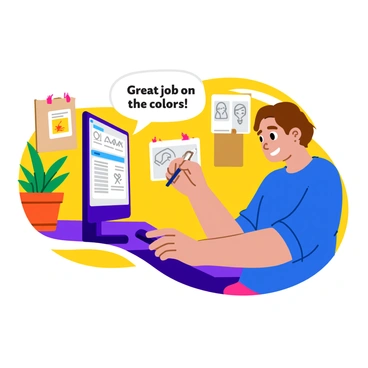 An illustrator with short brown hair is sitting at a desk in a bright, colorful room. They are focused on a computer screen displaying various design sketches. A speech bubble appears above the screen with the words "Great job on the colors!" The illustrator is wearing a blue t-shirt and holding a stylus, ready to make adjustments. The background features art supplies, sketches pinned to a corkboard, and a potted plant on the desk. A chat window is visible on the screen, displaying feedback from a client.