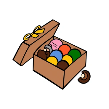 A box of chocolates with a light brown exterior is opened, revealing ten colorful chocolate pieces inside. The pieces are arranged neatly, with three of them partially eaten, showing their creamy fillings. The box has a gold ribbon on it, emphasizing its festive appearance. The background is neutral, highlighting the box and its contents.