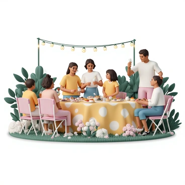 A group of people, dressed in casual summer attire, is enjoying a garden party. They are gathered around a long table covered with a colorful tablecloth, displaying a variety of finger foods, including sandwiches, fruits, and pastries. Fairy lights hang above, creating a warm atmosphere as they twinkle in the soft evening light. Some guests are seated on comfortable chairs, while others stand, holding drinks and laughing together. The garden is lush, with blooming flowers and greenery, enhancing the cheerful setting.