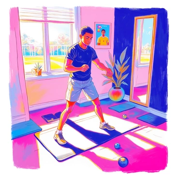 Kylian Mbappe is performing an indoor workout at home during lockdown. He is dressed in a fitted black athletic shirt and gray shorts. His hair is styled short, and he has a focused expression on his face. In the background, there is a wall-mounted mirror reflecting his movements. The room has a few pieces of workout equipment, including a yoga mat, dumbbells, and a stability ball. Sunlight filters through a window, casting soft shadows across the floor. A poster of a soccer field is visible on one wall, adding a motivational touch to the scene.