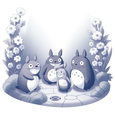 Beloved Studio Ghibli characters meeting in a magical garden, sharing stories and laughter.
