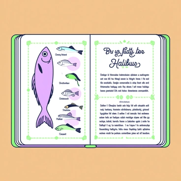 An open book lies on a wooden table, showcasing an illustrated page filled with detailed depictions of various halibut species. The left side of the page features a large halibut drawn in profile, highlighting its distinct flattened body and prominent eyes. Next to it, smaller illustrations depict different species, each labeled with their names in elegant script. These illustrations include details such as fins, colors, and textures of the halibut. The right side of the page displays a brief description of halibut habitats and characteristics, surrounded by decorative borders that enhance the overall presentation.