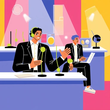 Diljit Dosanjh sitting in a broadcasting studio during a lively radio interview. He has a bright smile and is wearing a stylish black jacket over a white shirt. Microphones are positioned in front of him, and colorful soundproof panels decorate the walls of the studio. He is gesturing animatedly with one hand while holding a set of headphones in the other. A radio host, sitting across from him, is attentively listening and taking notes. Various radio equipment, including a mixing console, is visible in the background. Bright studio lights illuminate the scene, creating a vibrant atmosphere.