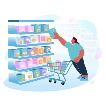 A shopper is reaching for a brightly colored cereal box on a fully stocked grocery store shelf. The shelf is lined with various cereal boxes in different shapes and sizes, featuring vibrant packaging with playful designs. A shopping cart can be seen nearby, filled with other grocery items. The aisle is well-lit, and the background includes further shelves filled with canned goods and snacks.