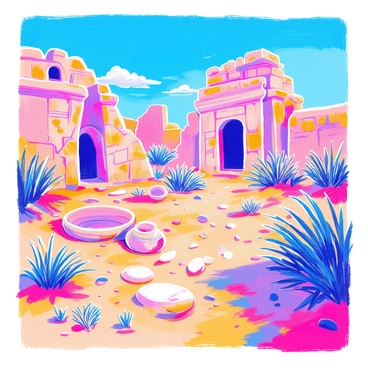 The ruins of an ancient civilization are partially buried in soft, golden sand. Stone structures feature intricate carvings and weathered surfaces, showcasing remnants of once-grand architecture. Fragments of pottery and artifacts are scattered around, half-submerged. Sparse desert vegetation, like hardy shrubs and tufts of grass, emerge from the sand, adding patches of green. The sky is a clear blue overhead, with a few wispy clouds drifting by.