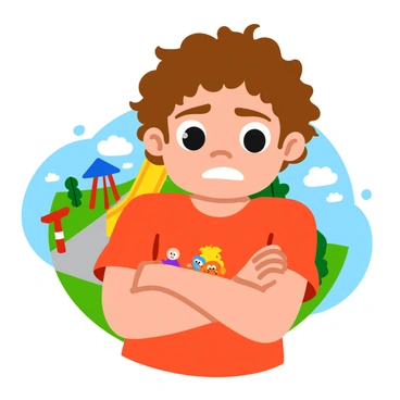 A young child with curly brown hair is pouting, displaying an exaggerated angry expression on their face. Their large eyes are wide open, and their mouth is turned down in a frown. The child has their arms tightly crossed over their chest, emphasizing their displeasure. They are wearing a bright red shirt with cartoon characters on it. The background features a simple playground scene with a slide and swings, adding context to their mood.