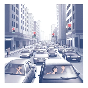 A city street bustling with activity. The road is lined with numerous cars, each displaying signs of congestion with honking horns and brake lights. Drivers inside the vehicles are showing expressions of frustration, with furrowed brows and clenched hands on the steering wheel. Tall buildings tower on either side of the street, their windows reflecting the chaotic scene below. Sidewalks are crowded with pedestrians attempting to navigate around the stalled traffic, adding to the sense of urgency in the environment. Traffic signals can be seen illuminated, with some showing red lights, emphasizing the delays faced by commuters.