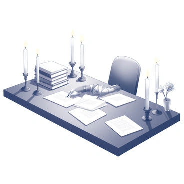 A wooden desk with a polished surface is covered with scattered sheets of paper. A person is seated, holding a pen, their hand poised over one of the sheets as they write a heartfelt letter. The desk is surrounded by several flickering candles, casting soft shadows and creating a warm ambiance. In the background, there are a few books stacked neatly and a small vase holding a single flower. The atmosphere suggests a moment of reflection and emotion, enhancing the scene of creativity and thought.