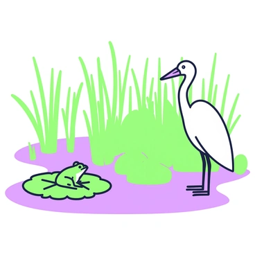 A wetland scene features a variety of tall reeds swaying gently in the breeze. In the foreground, there is a lily pad on the water's surface with a frog perched on it, observing its surroundings. Nearby, a heron stands still, with its long legs and neck poised, watching for movement in the water. The overall composition captures the tranquility of this natural habitat, with the water reflecting the surrounding foliage.
