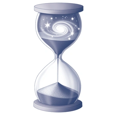 An hourglass with swirling galaxies inside, representing the passage of time through space