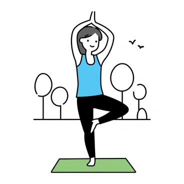 A woman is balancing gracefully in a yoga tree pose. She has long hair tied back and is wearing a fitted light blue tank top with black leggings. Her arms are raised, with one foot resting against the inner thigh of her opposite leg. The background features minimalistic outlines of trees and a smooth, clear path. A few birds can be seen in the distant sky. The ground is a simple green texture, enhancing the focus on the woman’s pose.