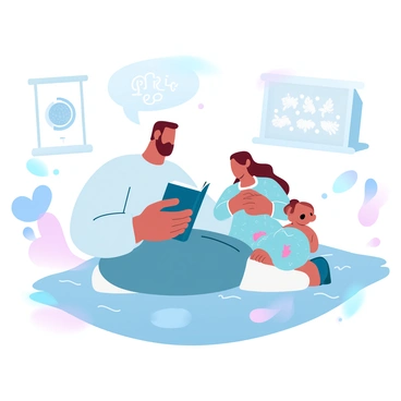 A parent is seated beside a child on a cozy rug, engaged in a conversation about dreams. The parent is wearing a light sweater and holding a book titled "Dreams." The child, in colorful pajamas, is leaning forward with enthusiasm. Surrounding them are various items that represent their family's legacy: a vintage globe, an old family photo in a wooden frame, and a quilt with patterns from different generations. Soft gradient pastel colors fill the background, enhancing the warmth of the scene.