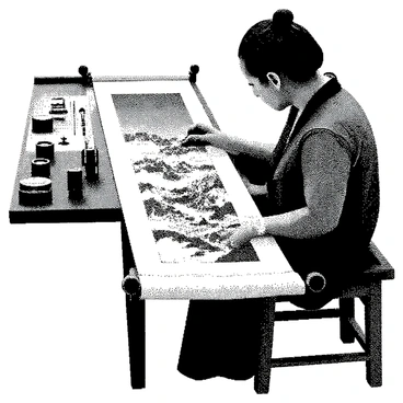 A Chinese artist is seated at a traditional wooden table, carefully working on a long silk scroll. The artist has black hair tied back and is wearing a traditional outfit. The scene shows the artist's brush gliding over the smooth surface of the scroll, leaving intricate black ink patterns that depict mountains, rivers, and trees. In the background, there are various art supplies scattered on the table, including ink pots and brushes of different sizes. The overall composition highlights the focus and dedication of the artist as they bring the landscape to life on the silk.