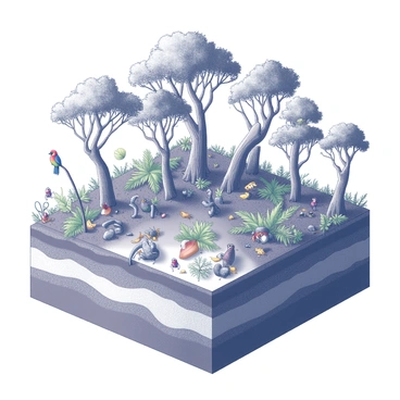 A cross-section of a rainforest showing various layers of plants and animals