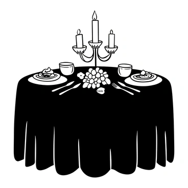 A table set for two with elegant black tablecloth draping down to the floor. Softly glowing candles in ornate holders are placed in the center, casting gentle light. A gourmet meal is presented on fine china plates, featuring beautifully arranged dishes. Silverware gleams beside each plate, with crystal glasses positioned for drinks. A delicate floral centerpiece adds a lush touch to the setting. "Bon Appétit" is inscribed in an elegant font on a small card placed at the side of each plate.
