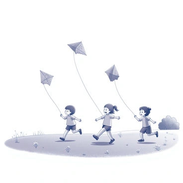 Children are running in a broad, open field. They are holding strings attached to kites shaped like "Easter eggs," with various patterns and markings on them. The kites soar high in the sky, buoyed by the breeze. The children, wearing light clothing, have big smiles on their faces, their hair fluttering in the wind. The field is dotted with patches of grass and wildflowers, adding to the lively atmosphere of the scene. In the distance, a few trees can be seen swaying gently in the wind.