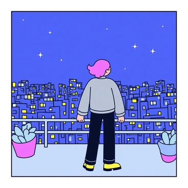 A person standing on a rooftop, looking out over the city. The figure is wearing a simple gray jacket and dark jeans. Their hair is blowing slightly in the wind. Below, the city is illuminated by countless lights, creating a vibrant scene of glowing windows and streetlights. The sky above is a deep navy blue, dotted with a few stars. The rooftop has a low railing, and there are a few potted plants nearby. The person appears captivated by the view.