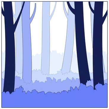 A dense forest filled with tall trees that stretch upwards into the mist. The trees have dark silhouettes, their trunks thick and straight. A thick layer of fog blankets the ground, partially obscuring the underbrush and creating a sense of depth. The fog swirls gently around the trunks, adding an ethereal quality to the scene. The light filters through the mist, casting soft shadows on the forest floor.