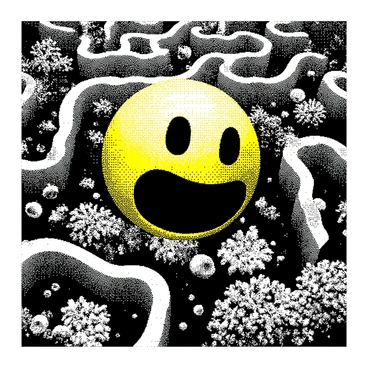 A yellow circular character with a mouth, resembling "Pac-Man," is navigating through a maze made of underwater plants and coral structures. The maze is filled with various "seashells" scattered along the pathways. Small "fish" of different shapes are swimming around the maze, some are near the edges of the maze, while others are darting in and out of the coral. The overall scene captures the dynamic movement of the character as it makes its way through the intricate underwater environment.