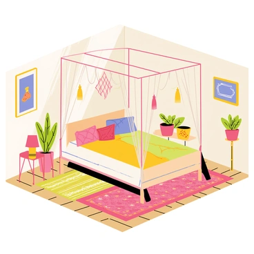 A bohemian-style chambre featuring a large canopy bed draped with flowing, sheer fabric in vibrant colors. The bed is adorned with an array of eclectic cushions in various patterns and textures. Colorful patterned rugs spread across the wooden floor, creating a warm and inviting atmosphere. The walls are decorated with an assortment of framed artwork and macramé hangings. In one corner, a small table holds a collection of potted plants, adding a touch of greenery to the space. Soft, warm lighting illuminates the room, highlighting the rich colors and textures.