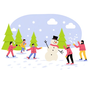 A snowy landscape covered in a thick blanket of white snow. Children are joyfully playing in the snow, some are building a snowman. The snowman is adorned with a red scarf and a black top hat. In the background, tall evergreen trees are dusted with snowflakes, and fluffy white clouds drift in the blue sky. Other children are seen making snow angels and throwing snowballs at each other, creating an atmosphere of fun and excitement.