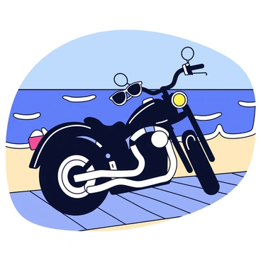 A motorcycle parked on a wooden boardwalk beside the sea. The motorcycle has a shiny black finish with chrome details, and the handlebars are slightly curved. A pair of stylish sunglasses with dark lenses rests casually over the handlebars. The background features gentle waves lapping at the shore and a clear blue sky. The sunlight reflects off the water, creating a bright and vibrant scene.