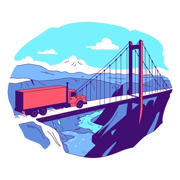 A red truck is driving across a long suspension bridge that stretches over a vast canyon. The bridge is detailed with intricate cables and supports, enhancing its structure. Below, the canyon boasts steep, rocky walls with a river winding through it, reflecting light. The blue sky above is dotted with a few fluffy white clouds, creating a stark contrast with the scene. The truck moves steadily, its wheels turning against the bridge surface.