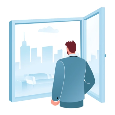 A man is standing at a skyscraper window, gazing out at the city skyline. He is wearing a formal suit and his hair is slightly tousled. The interior of the skyscraper features modern furnishings, and the window frame is sleek and minimalist. Reflections of the city buildings can be seen in the glass, adding depth to the scene. Soft gradient pastel colors fill the background, enhancing the contemplative atmosphere.