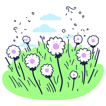 A vast field populated with dandelions in various stages of bloom. The dandelions display round, fluffy seed heads, with some seeds being released and carried by a soft breeze. In the foreground, several fully bloomed dandelions stand tall among the greenery. The lush grass beneath the dandelions sways gently, as the seeds float gracefully through the air, creating a dynamic sense of movement in the scene. In the background, a clear blue sky is visible, enhancing the brightness of the field.
