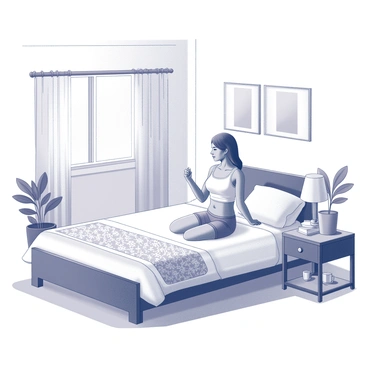 A cozy bedroom with soft lighting creating a warm atmosphere. The room features a neatly made bed with fluffy pillows and a decorative quilt. There is a bedside table with a small lamp and a few personal items, such as a book and a glass of water. In the center of the scene, a woman is seated on the edge of the bed. She has an expression of concentration as she performs a breast self-exam. Her hair is pulled back, and she is dressed in a comfortable tank top and shorts. The walls may have framed pictures, adding a personal touch to the intimate space. A potted plant sits in the corner, contributing to the homey feel of the room.