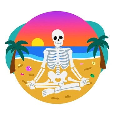 A skeleton in a yoga pose sitting on the sand of a beach. The skeleton is positioned in a cross-legged position with hands resting on its knees. The beach is adorned with fine, golden sand and a gentle wave can be seen lapping at the shore. In the background, the sky is filled with vibrant orange, pink, and purple hues as the sun sets on the horizon. A few scattered seashells are visible near the skeleton, and palm trees can be seen swaying gently in the breeze on the sides of the image.
