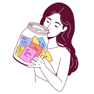 A white jar filled with various colorful notes is being held close to the heart of a person. The person's hand is gently wrapping around the jar, showcasing a sense of intimacy and reflection. The notes are visible through the clear glass, displaying different colors and handwritten messages. The background is softly out of focus, emphasizing the jar and the person's expression of nostalgia. The person's face reflects a serene moment as they look down at the jar, lost in thought.