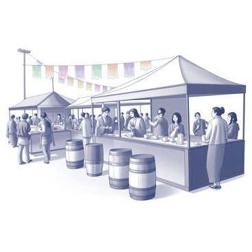 A festival scene featuring a variety of stalls and decorations. Colorful banners and lanterns hang above the event, creating a festive atmosphere. Groups of people are gathered, some laughing and chatting, while others are sampling sake from small cups. There are wooden tables set up with traditional sake barrels on display. A few individuals are dressed in traditional clothing, enhancing the cultural setting of the celebration. The ground is covered with light textures, and there's a sense of movement as attendees stroll through the festival area, enjoying the sights and sounds.