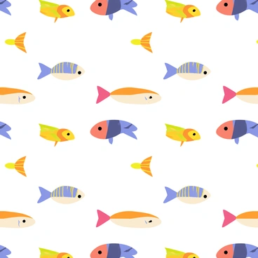 A repeating pattern of colorful fish in various shapes and sizes. The fish are depicted in bold colors such as bright orange, deep blue, and vibrant green. Each fish has distinct patterns on its body, including stripes and spots. The background is a contrasting color to make the fish stand out, creating a dynamic visual effect. The arrangement of the fish is balanced and harmonious, forming a seamless design that flows across the surface.