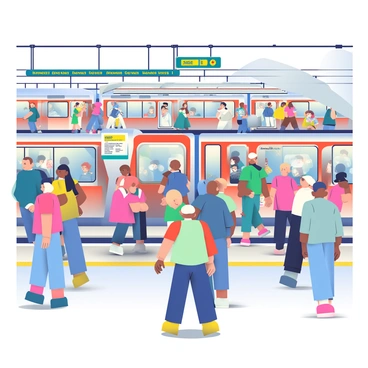 A bustling subway station filled with people going in different directions. Several trains are visible, some arriving at the platform while others are departing, creating a sense of movement. The platform is crowded with commuters, including individuals in casual clothing and business attire, waiting to board the trains. Some people are standing close to the edge of the platform, while others are seated on benches. Brightly lit signs indicate train schedules, and advertisements hang on the walls. The atmosphere is energetic, with the sound of announcements echoing throughout the station.