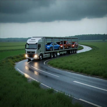 A large car hauling truck with a silver metallic finish is driving along a winding countryside road. The truck has an open trailer loaded with various vehicles, including a blue sedan and a red pickup truck. The road is slick with rainwater, and puddles have formed along the edges. Dark clouds loom overhead, casting a gray hue over the landscape. Lush green fields and distant trees flank the road, their leaves glistening with raindrops. The truck's headlights are on, illuminating the damp pavement as it navigates the curve in the road.