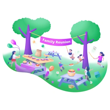 A modern pastel illustration depicting an event planner organizing a family reunion in a park. The scene includes a large, colorful banner displaying the words "Family Reunion" strung between two trees. There are several picnic tables set with various dishes of food, including a fruit salad, sandwiches, and drinks. Nearby, families are engaged in games, such as a sack race and a tug-of-war. Bright balloons are tied to the tables, and children are running around playing. The background is filled with green grass and colorful flowers, enhancing the lively atmosphere.