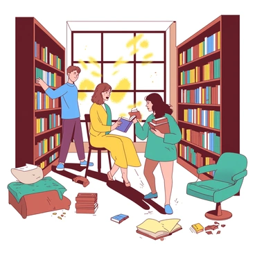 A group of three friends is gathered in a spacious, sunlit library filled with towering bookshelves. The walls are adorned with large windows, allowing golden sunlight to stream in, illuminating the dust particles floating in the air. One of the friends, wearing a blue shirt, is reaching for a book on a high shelf, while another friend, dressed in a yellow dress, is sitting on a low stool, flipping through a colorful book. The third friend, in a teal sweater, stands nearby with an excited expression, holding a stack of books. Scattered around them are cozy reading nooks with plush chairs and small wooden tables, all surrounded by an inviting atmosphere filled with the scent of old books and the thrill of discovery.