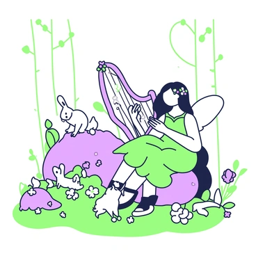 A fairy with delicate wings is sitting on a mossy rock in a woodland setting. She has long hair adorned with small flowers and is wearing a flowing dress that blends with the natural surroundings. In her hands, she is gently strumming a harp crafted from intricate spider webs, its delicate strings glistening in the soft light. Various leaves and flowers are scattered around her, creating a natural stage, while tall trees frame the scene, their branches stretching upwards. Small woodland creatures, such as a rabbit and a squirrel, are observing her from a distance, adding to the enchanting atmosphere of the setting.