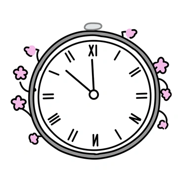 A round clock with a silver frame, featuring Roman numerals on its face, is depicted frozen at "3:15." The clock hands are positioned motionless, emphasizing the concept of time standing still. Surrounding the clock are intertwining vines with delicate pink flowers, symbolizing love and its enduring nature. The background is minimalistic, allowing the clock and the floral details to stand out prominently.