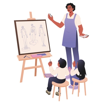 A digital flat illustration featuring an art tutor standing next to an easel. The tutor has medium skin and short black hair, wearing a blue apron over a white shirt and jeans. On the easel, there is a large sketch showing various quick poses of a model, each rendered in light pencil lines. The model, positioned on a small platform, is striking a dynamic pose, capturing motion. The background contains art supplies, including sketch pads and charcoal sticks. The tutor is demonstrating a gesture with one hand in the air, while the other hand holds a charcoal pencil, engaging a small group of students seated on stools in front of the easel.