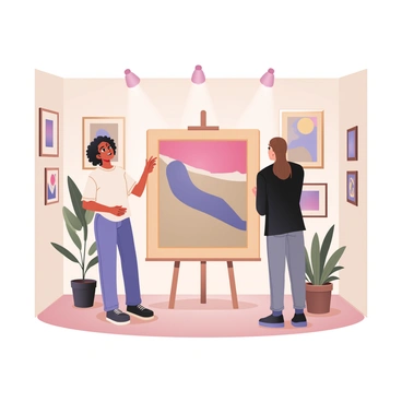 A digital flat illustration depicting an artist and a client in a brightly lit art gallery. The artist, with medium skin and curly black hair, is standing on the left, wearing a loose white shirt and blue jeans. They are gesturing towards a large canvas displaying a vibrant abstract painting. The client, with light skin and long brown hair tied back, is positioned on the right. They are wearing a black blazer and gray trousers, looking attentively at the artwork. The background features several framed artworks on the walls, with spotlights illuminating each piece, and wooden flooring beneath them. There are plants in decorative pots positioned around the gallery for added visual interest.
