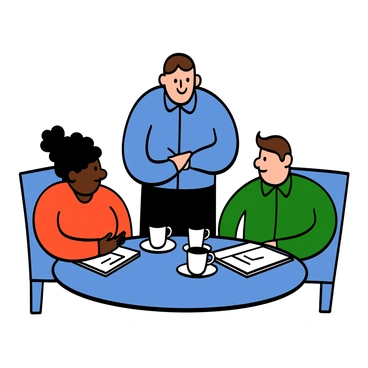 A mediator with light skin and short brown hair is standing at the head of a round table, guiding a discussion between two individuals. The mediator is wearing a blue button-up shirt and black pants, looking composed and engaged. On one side of the table, a woman with dark skin and curly hair is wearing a red blouse, leaning slightly forward, showing interest in the conversation. On the opposite side, a man with light skin and straight brown hair is dressed in a green shirt, looking attentive. Several notebooks and cups of coffee are placed on the table, indicating a collaborative environment. The overall atmosphere is one of focused dialogue and cooperation.